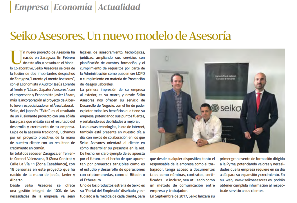 Seiko Asesores en la revista "Actualidad de las Empresas Aragonesas"